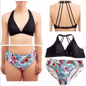 Time Tru 3X Black Bikini Strappy Halter Tropical